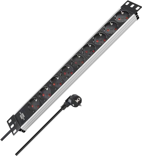 Brennenstuhl Alu-Line regleta enchufes 19" para armario rack con 9 tomas de corriente (cable de 2 m, unidad de distribución, 19" formato para montaje, sin interruptor)