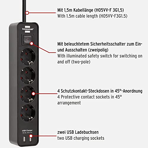 Brennenstuhl Ecolor regleta enchufes con 4 tomas de corriente y función de carga USB (2 puertos de carga USB, interruptor, 1,5m cable) negro