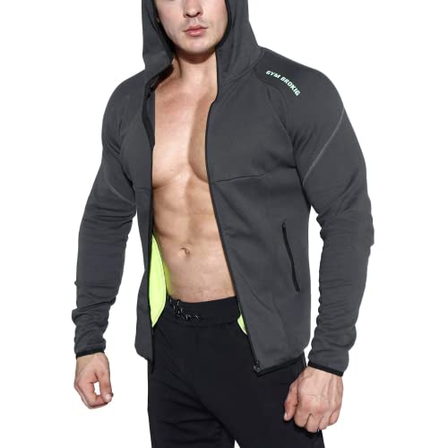 BROKIG Sudadera Gimnasio Hombre con Capucha Culturismo Fitness Entrenamiento Deportes Sudaderas, gris oscuro, L