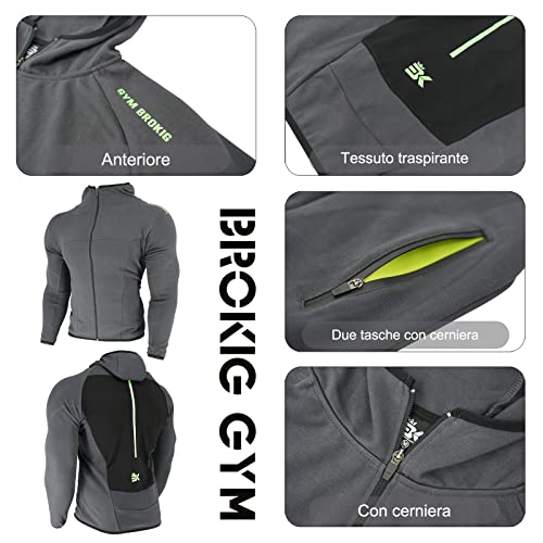 BROKIG Sudadera Gimnasio Hombre con Capucha Culturismo Fitness Entrenamiento Deportes Sudaderas, gris oscuro, L