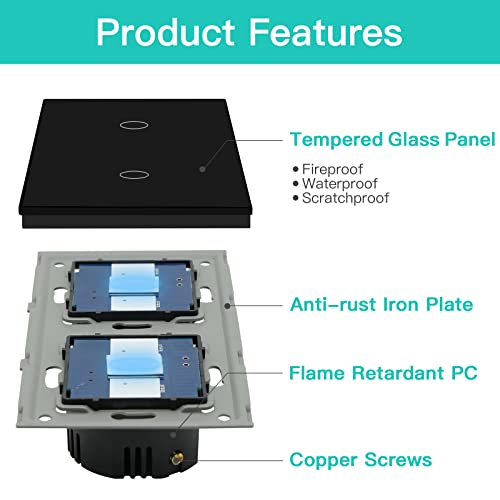 BSEED interruptor tactil 1 Gang 1 Vía+ 1 Gang 1 Vía,interruptor táctil de pared Negro con indicador LED, 500W interruptores de luz pared con con panel de vidrio templado,sin cable neutro