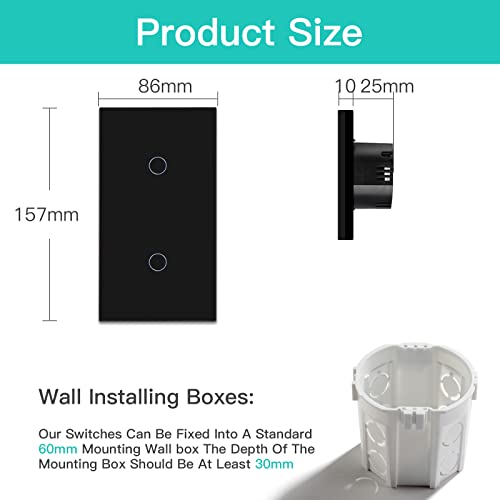 BSEED interruptor tactil 1 Gang 1 Vía+ 1 Gang 1 Vía,interruptor táctil de pared Negro con indicador LED, 500W interruptores de luz pared con con panel de vidrio templado,sin cable neutro