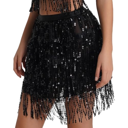 Bseical Falda Lentejuelas Mujer Corta, Minifalda Sexy Lentejuelas, Disfraz Carnaval Veneciano Mujer, Faldas De Lentejuelas, Falda Danza Vientre Carnaval Fiesta Outfit (L, Negro)