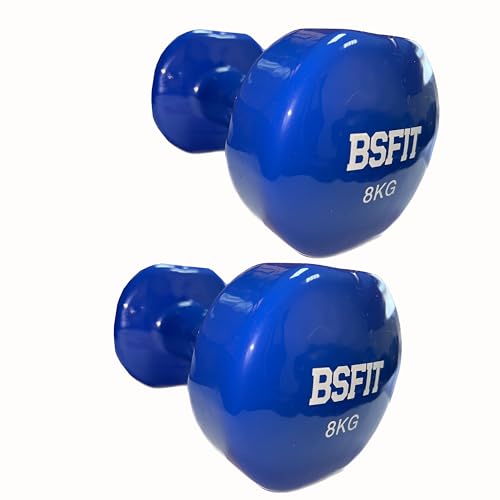 BSFIT® Juego de 2 Mancuernas Antideslizantes de Vinilo, de 8 kg con Diseño Hexagonal Anti-Rodadura, Ergonómicas, Pesas y Mancuernas para Gimnasio en Casa