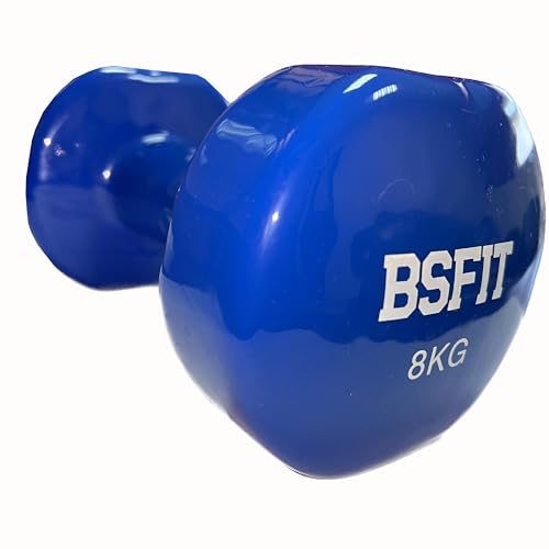 BSFIT® Juego de 2 Mancuernas Antideslizantes de Vinilo, de 8 kg con Diseño Hexagonal Anti-Rodadura, Ergonómicas, Pesas y Mancuernas para Gimnasio en Casa