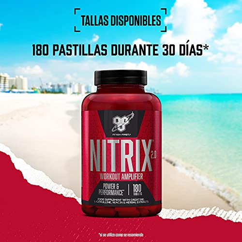 BSN Nitrix 2.0 Suplemento Alimenticio, Precursor de Óxido Nítrico, Comprimidos de Fórmula Concentrada con Aminoácido L-Citrulina, Niacina y Pimienta Negra, Sin Sabor, 180 Cápsulas, 60 Porciones