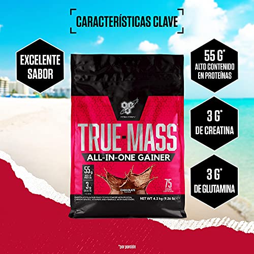 BSN True Mass All-In-One Gainer Polvo de Proteína y Carbohidratos con Creatina, Glutamina, Vitamina D y Zinc, Polvo Ganancia Muscular y Recuperación Post-entrenamiento, Chocolate, 25 Porc., 4,2 kg