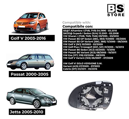 BSSTORE Placa de Cristal Espejo Retrovisor Térmico para GOLF V 03-09, PASSAT 00-05, EOS 06-11, JETTA 05-10 (Lado del Pasajero)