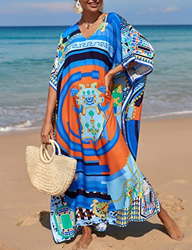 Bsubseach Colorful Beach Cover Up Loose Kaftan Vestido de Manga Corta Traje de baño Coverup para Mujer Azul Naranja Cadena