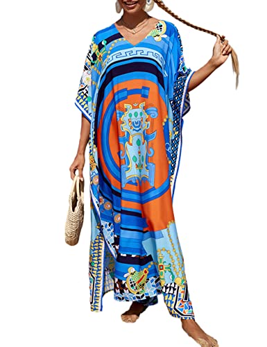 Bsubseach Colorful Beach Cover Up Loose Kaftan Vestido de Manga Corta Traje de baño Coverup para Mujer Azul Naranja Cadena