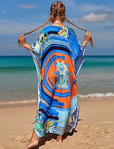 Bsubseach Colorful Beach Cover Up Loose Kaftan Vestido de Manga Corta Traje de baño Coverup para Mujer Azul Naranja Cadena