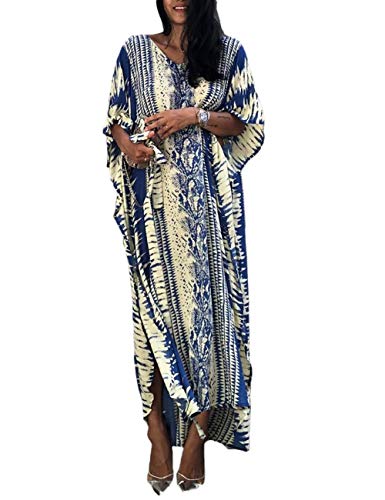 Bsubseach Loose Beach Caftan Vestido para Mujer Manga Corta Traje de baño Cubrir para Trajes de Baño Azul