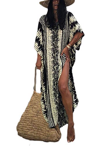 Bsubseach Loose Beach Kaftan Vestido para Mujer Manga Corta Traje de Baño Cubrir para Trajes de Baño Negro