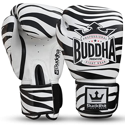 BUDDHA FIGHT WEAR - Guantes de Boxeo Fanstasy Zebra - Muay Thai - Kick Boxing - Piel Sintética Tejido Interior Resistente A Olores - Costura Reforzada - Blanco y Negro - Talla 12 Onz