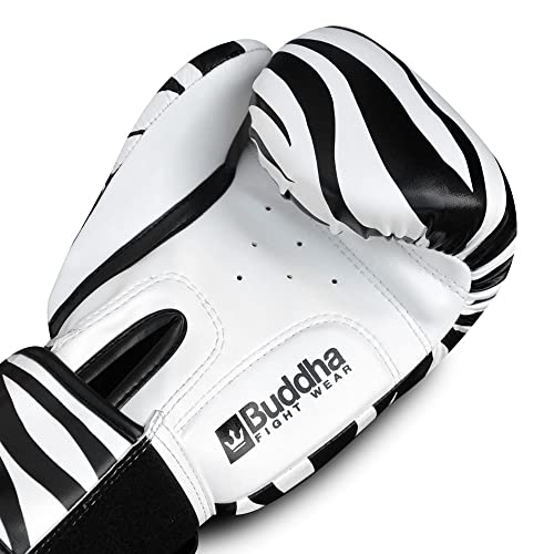 BUDDHA FIGHT WEAR - Guantes de Boxeo Fanstasy Zebra - Muay Thai - Kick Boxing - Piel Sintética Tejido Interior Resistente A Olores - Costura Reforzada - Blanco y Negro - Talla 12 Onz