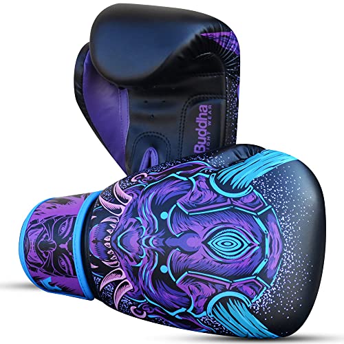 BUDDHA FIGHT WEAR - Guantes de Boxeo Fantasy Luzbel - Muay Thai - Kick Boxing - Piel Sintética Tejido Interior Resistente A Olores - Costura Reforzada - Colores Azules - Talla 12 Oz