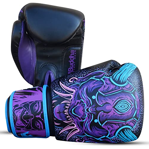 BUDDHA FIGHT WEAR - Guantes de Boxeo Fantasy Luzbel - Muay Thai - Kick Boxing - Piel Sintética Tejido Interior Resistente A Olores - Costura Reforzada - Colores Azules - Talla 12 Oz