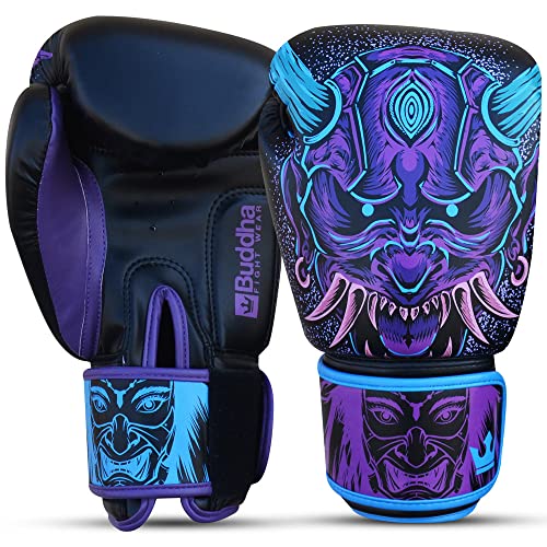 BUDDHA FIGHT WEAR - Guantes de Boxeo Fantasy Luzbel - Muay Thai - Kick Boxing - Piel Sintética Tejido Interior Resistente A Olores - Costura Reforzada - Colores Azules - Talla 12 Oz