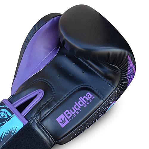 BUDDHA FIGHT WEAR - Guantes de Boxeo Fantasy Luzbel - Muay Thai - Kick Boxing - Piel Sintética Tejido Interior Resistente A Olores - Costura Reforzada - Colores Azules - Talla 10 Oz