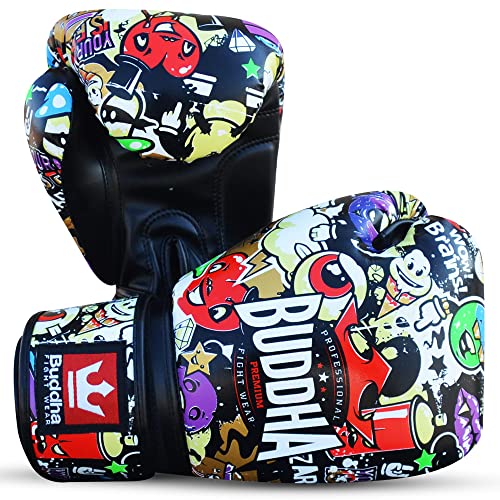 Buddha Fight Wear - Guantes de Boxeo Fantasy Zippy - Muay Thai - Kick Boxing - Piel Sintética Tejido Interior Resistente A Los Olores - Costura Reforzada - Multicolor - Talla 14 Onz