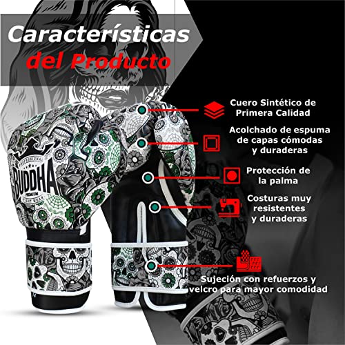 BUDDHA FIGHT WEAR - Guantes de Boxeo Mexican - Muay Thai - Kick Boxing - Piel Sintética Relleno Interior GS-3 - Protección contra Impactos - Color Negro - Talla 10 Onz