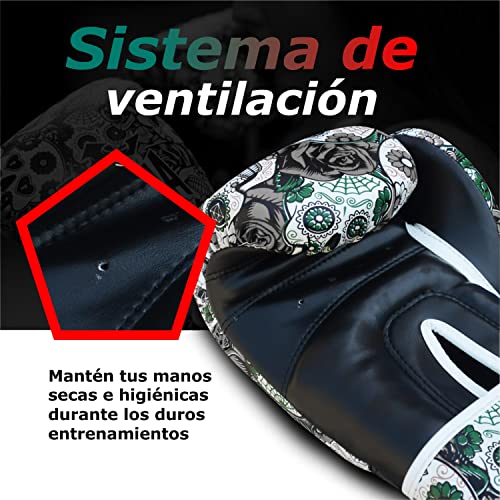 BUDDHA FIGHT WEAR - Guantes de Boxeo Mexican - Muay Thai - Kick Boxing - Piel Sintética Relleno Interior GS-3 - Protección contra Impactos - Color Negro - Talla 10 Onz