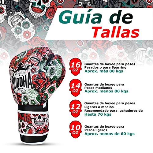 BUDDHA FIGHT WEAR - Guantes de Boxeo Mexican - Muay Thai - Kick Boxing - Piel Sintética Relleno Interior GS-3 - Protección contra Impactos - Color Rojo - Talla 16 Onz