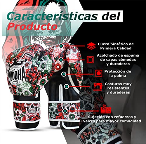 BUDDHA FIGHT WEAR - Guantes de Boxeo Mexican - Muay Thai - Kick Boxing - Piel Sintética Relleno Interior GS-3 - Protección contra Impactos - Color Rojo - Talla 16 Onz