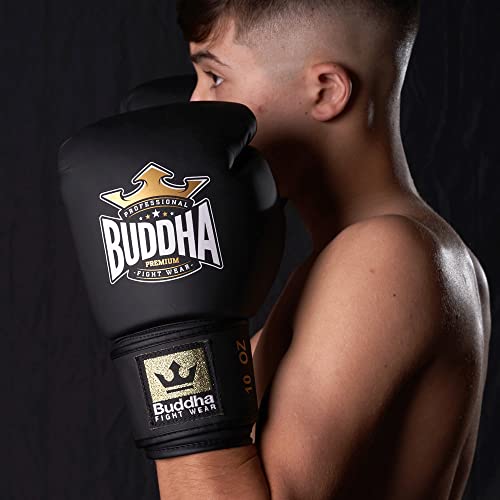 BUDDHA FIGHT WEAR - Guantes de Boxeo Thailand - Muay Thai - Kick Boxing - Piel Sintética Tejido Interior Resistente A Los Olores - Costura Reforzada - Color Negro Mate - Talla 12 Onz