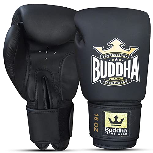 BUDDHA FIGHT WEAR - Guantes de Boxeo Thailand - Muay Thai - Kick Boxing - Piel Sintética Tejido Interior Resistente A Los Olores - Costura Reforzada - Color Negro Mate - Talla 12 Onz