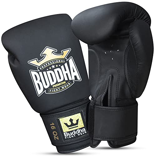 Buddha Fight Wear - Guantes de Boxeo Thailand - Muay Thai - Kick Boxing - Piel Sintética Tejido Interior Resistente A Los Olores - Costura Reforzada - Color Negro Mate - Talla 16 Onz