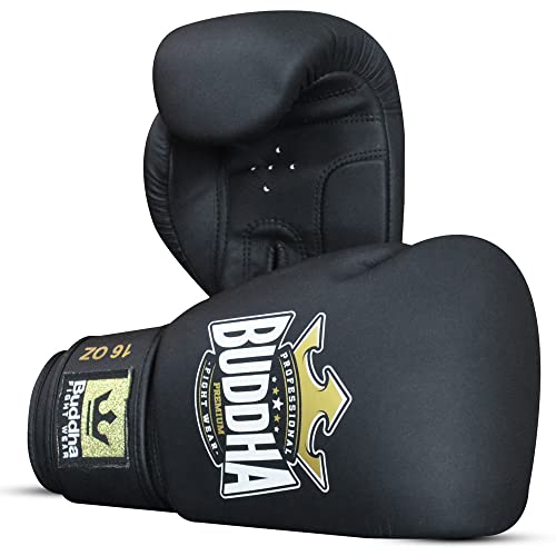 Buddha Fight Wear - Guantes de Boxeo Thailand - Muay Thai - Kick Boxing - Piel Sintética Tejido Interior Resistente A Los Olores - Costura Reforzada - Color Negro Mate - Talla 16 Onz