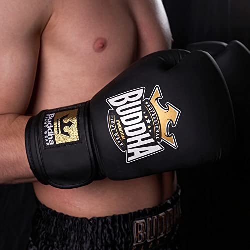 BUDDHA FIGHT WEAR - Guantes de Boxeo Thailand - Muay Thai - Kick Boxing - Piel Sintética Tejido Interior Resistente A Los Olores - Costura Reforzada - Color Negro Mate - Talla 12 Onz