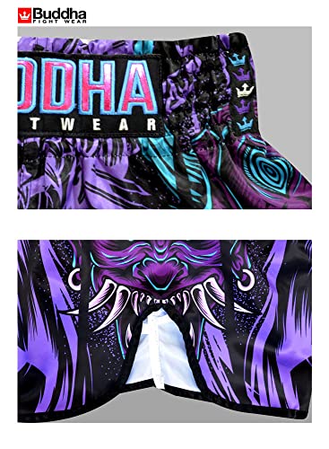 Buddha Fight Wear - Pantalón Muay Thai y Kick Boxing Modelo European Luzbel - Tejido en Satén Premium - Nuevo Patrón Europeo - Gran adaptación a la morfología de Cada Luchador - Morado - Talla L