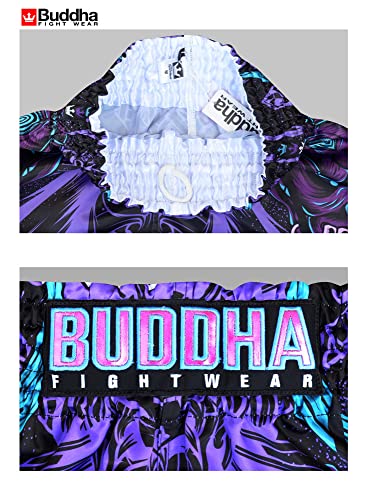 Buddha Fight Wear - Pantalón Muay Thai y Kick Boxing Modelo European Luzbel - Tejido en Satén Premium - Nuevo Patrón Europeo - Gran adaptación a la morfología de Cada Luchador - Morado - Talla L