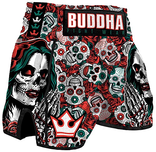 Buddha Fight Wear - Pantalón Muay Thai y Kick Boxing Modelo European Mexican - Tejido en Satén Premium - Nuevo Patrón Europeo - Gran adaptación a la morfología de Cada Luchador - Rojo - Talla XL