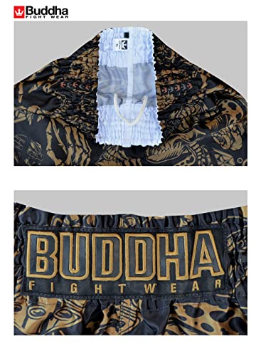 BUDDHA FIGHT WEAR - Pantalón Muay Thai y Kick Boxing Modelo European Night - Tejido Satén Premium - NUEVO Patrón Europeo - Gran adaptación a la morfología de cada luchador - Negro y Dorado - Talla XXL