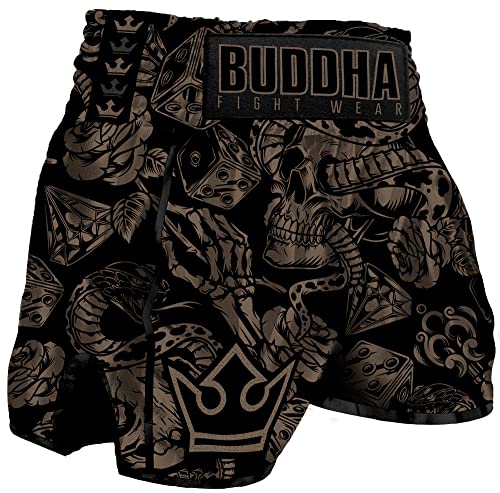 BUDDHA FIGHT WEAR - Pantalón Muay Thai y Kick Boxing Modelo European Night - Tejido Satén Premium - NUEVO Patrón Europeo - Gran adaptación a la morfología de cada luchador - Negro y Dorado - Talla XXL