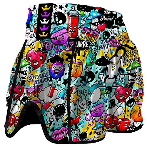 Buddha Fight Wear - Short Muay Thai Retro Zippy - Tejido en Satén - Patrón Europeo estándar - Gran adaptación a la morfología de Cada Luchador - Multicolor - Talla L