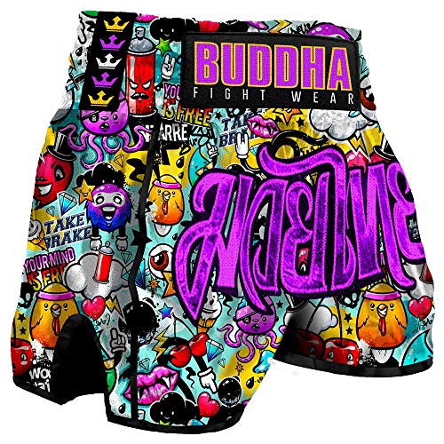 Buddha Fight Wear - Short Muay Thai Retro Zippy - Tejido en Satén - Patrón Europeo estándar - Gran adaptación a la morfología de Cada Luchador - Multicolor - Talla L