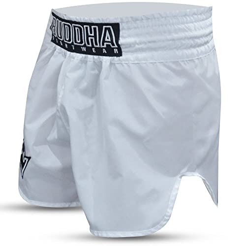 Buddha Fight Wear - Short Tradicional de Muay Thai Old School - Nylon - Secado Rápido - Patrón Europeo estándar - Gran adaptación a la morfología de Cada Luchador - Color Blanco - Talla L