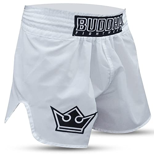 Buddha Fight Wear - Short Tradicional de Muay Thai Old School - Nylon - Secado Rápido - Patrón Europeo estándar - Gran adaptación a la morfología de Cada Luchador - Color Blanco - Talla S