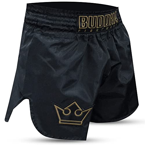 Buddha Fight Wear - Short Tradicional de Muay Thai Old School - Nylon - Secado Rápido - Patrón Europeo estándar - Gran adaptación a la morfología de Cada Luchador - Color Negro+Oro - Talla XL