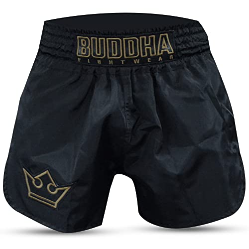 Buddha Fight Wear - Short Tradicional de Muay Thai Old School - Nylon - Secado Rápido - Patrón Europeo estándar - Gran adaptación a la morfología de Cada Luchador - Color Negro+Oro - Talla XL