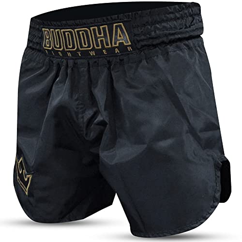 Buddha Fight Wear - Short Tradicional de Muay Thai Old School - Nylon - Secado Rápido - Patrón Europeo estándar - Gran adaptación a la morfología de Cada Luchador - Color Negro+Oro - Talla M