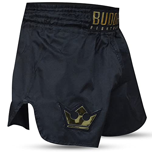 Buddha Fight Wear - Short Tradicional de Muay Thai Old School Rip Stop - Tejido en Nylon - Patrón Europeo estándar - Gran adaptación a la morfología de Cada Luchador - Color Negro - Talla M