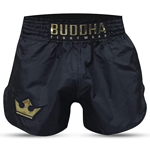 Buddha Fight Wear - Short Tradicional de Muay Thai Old School Rip Stop - Tejido en Nylon - Patrón Europeo estándar - Gran adaptación a la morfología de Cada Luchador - Color Negro - Talla M