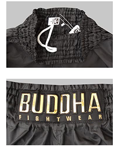 Buddha Fight Wear - Short Tradicional de Muay Thai Old School Rip Stop - Tejido en Nylon - Patrón Europeo estándar - Gran adaptación a la morfología de Cada Luchador - Color Negro - Talla XL