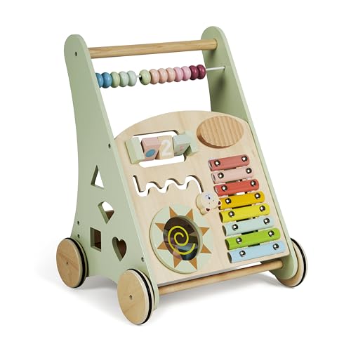 Buddy Baby Montessori- Andador bebés de madera - Carrito correpasillos para primeros pasos con juguetes y actividades - Carro caminador para bebé +12 meses (Laponia/Verde)