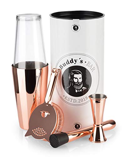 Buddy´s Bar - Boston Bar-Set, 700 ml, Boston Cocktail-Shaker, Medida de Barra, Pistilo, Filtro de Barra, Apto para Alimentos, Juego de Barra con Caja de Regalo, Cobre Pulido